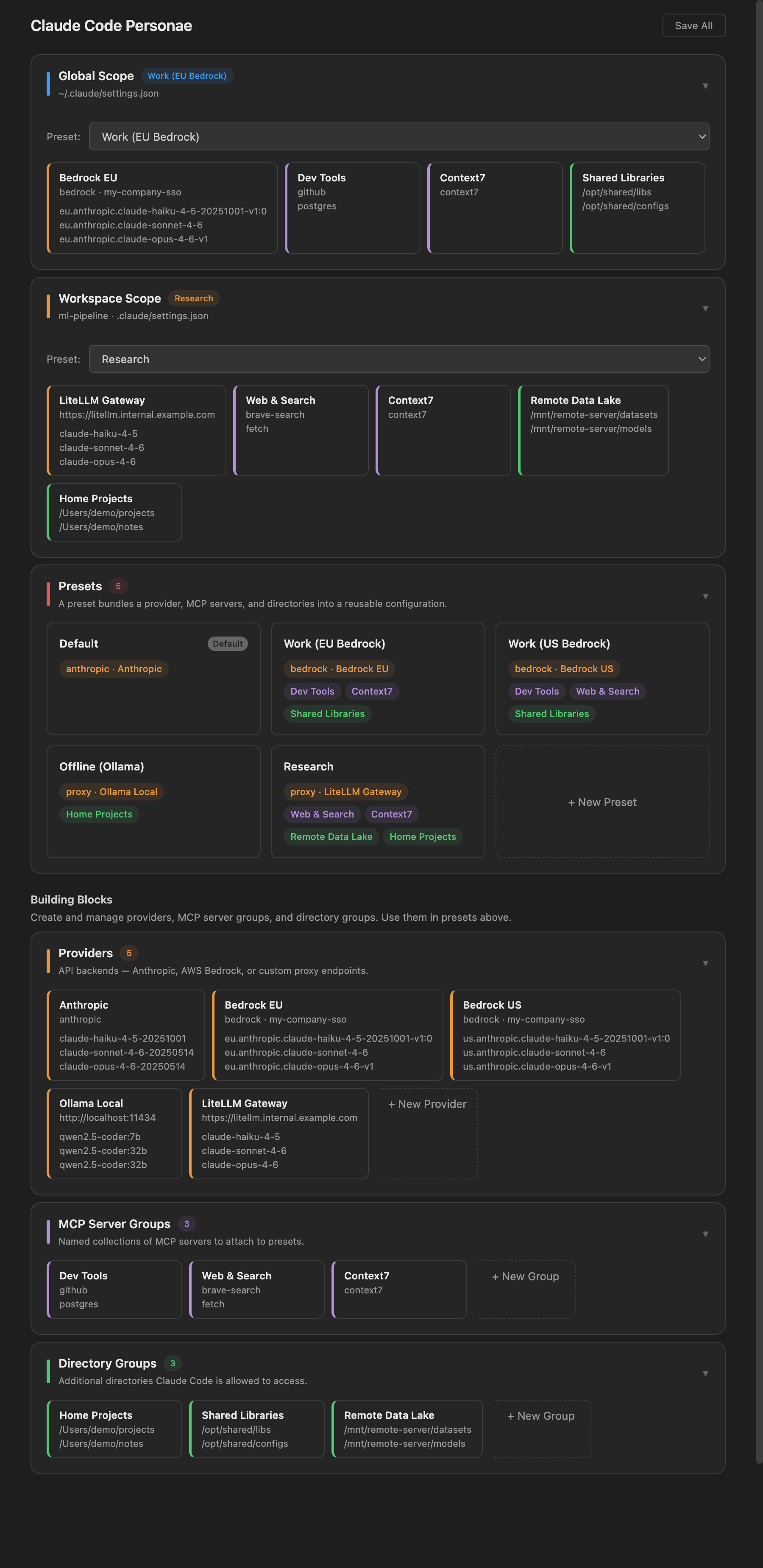 Claude Code Personae settings panel showing global and workspace scopes, presets, providers and MCP server groups